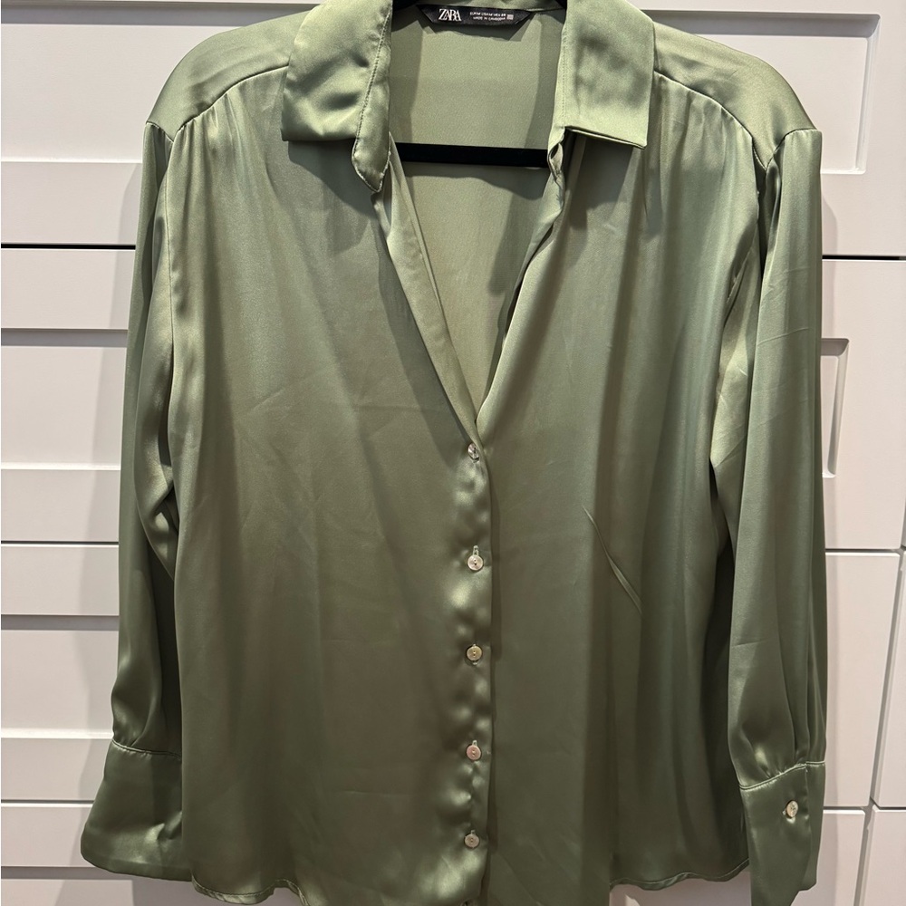 Zara Women's Sage Green Satin Button-Down Shirt